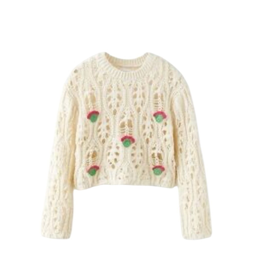ZARA Girls Crochet Sweater Size 8/9 Ivory Embroidered Strawberries Long Sleeve